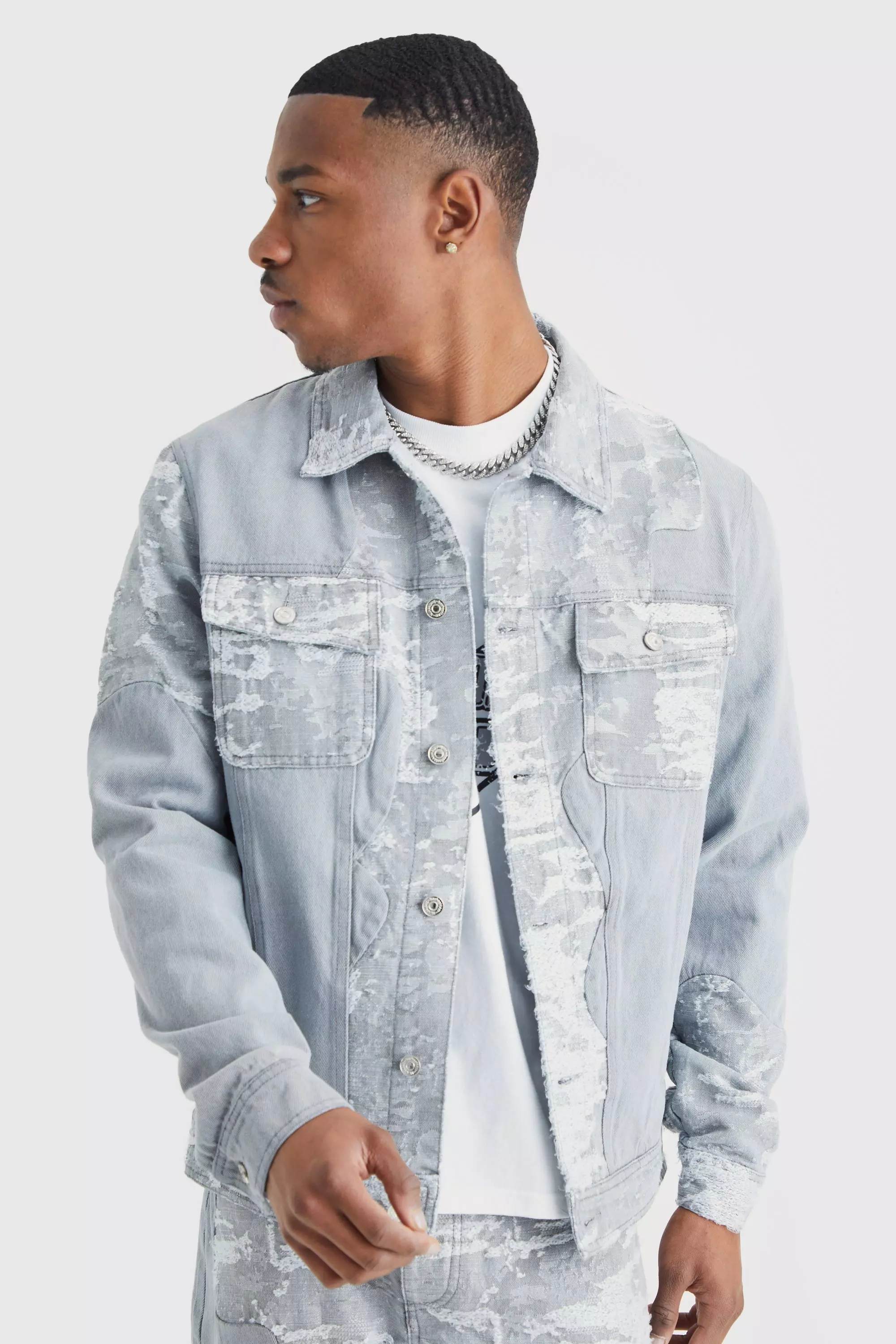 Regular Fit Spliced Jacquard And Denim Jacket